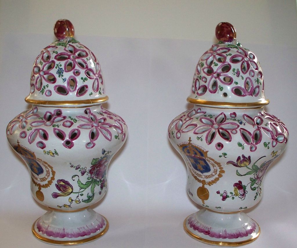Pair of Antique French Faience Armorial Paul Hannong Potpourri Vases