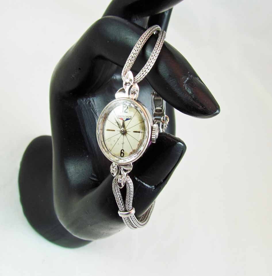 Vintage c.1930's BENRUS Solid 14k White Gold Womens Watch with Four Diamonds Vintage c.1930's BENRUS Solid 14k White Gold Womens Watch with Four Diamonds