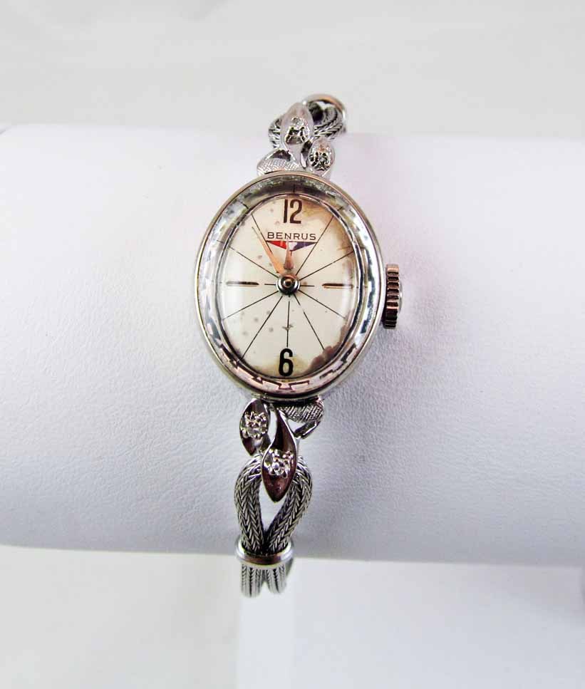 Vintage c.1930's BENRUS Solid 14k White Gold Womens Watch with Four Diamonds Vintage c.1930's BENRUS Solid 14k White Gold Womens Watch with Four Diamonds