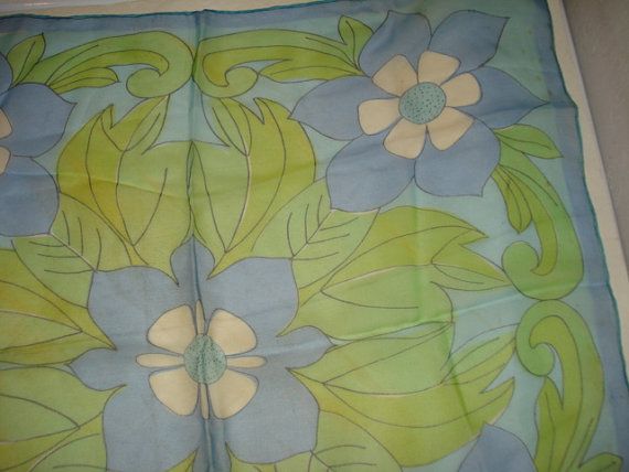 Vintage VERA Sheer Scarf, Blue / Green, 22x23 Vintage VERA Sheer Scarf, Blue / Green, 22x23