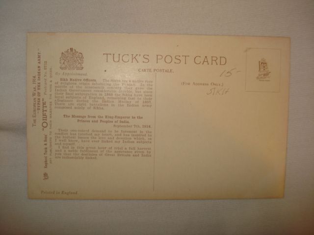Tuck's European War, 1914 Types of Indian Army - SIKH Native Officers OILETTE POSTCARD 8733 - Vintage Tuck's European War, 1914 Types of Indian Army - SIKH Native Officers OILETTE POSTCARD 8733 - Vintage
