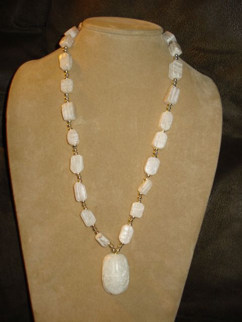 Vintage Egyptian Revival Carved Alabaster Scarab BEAD NECKLACE Vintage Egyptian Revival Carved Alabaster Scarab BEAD NECKLACE