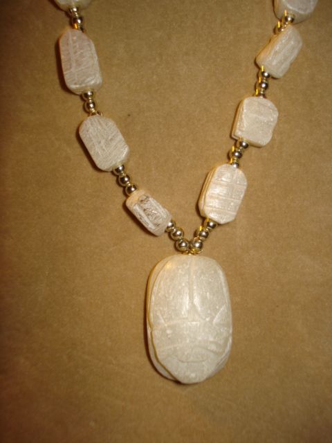 Vintage Egyptian Revival Carved Alabaster Scarab BEAD NECKLACE Vintage Egyptian Revival Carved Alabaster Scarab BEAD NECKLACE