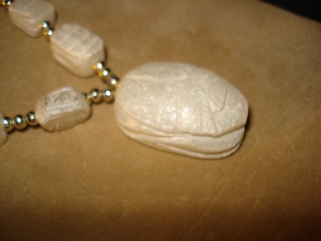 Vintage Egyptian Revival Carved Alabaster Scarab BEAD NECKLACE Vintage Egyptian Revival Carved Alabaster Scarab BEAD NECKLACE