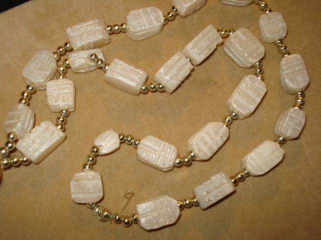 Vintage Egyptian Revival Carved Alabaster Scarab BEAD NECKLACE Vintage Egyptian Revival Carved Alabaster Scarab BEAD NECKLACE