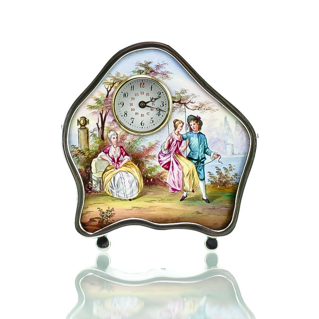 Antique Viennese Austrian Enamel & Silver Miniature Clock Antique Viennese Austrian Enamel & Silver Miniature Clock