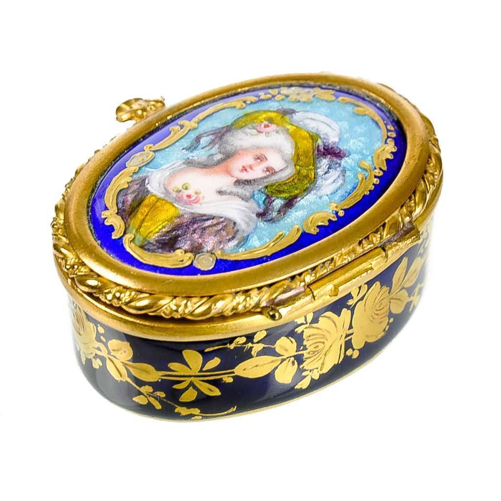 Antique French Limoges Enamel & Porcelain Patch Box with Miniature Portrait Antique French Limoges Enamel & Porcelain Patch Box with Miniature Portrait