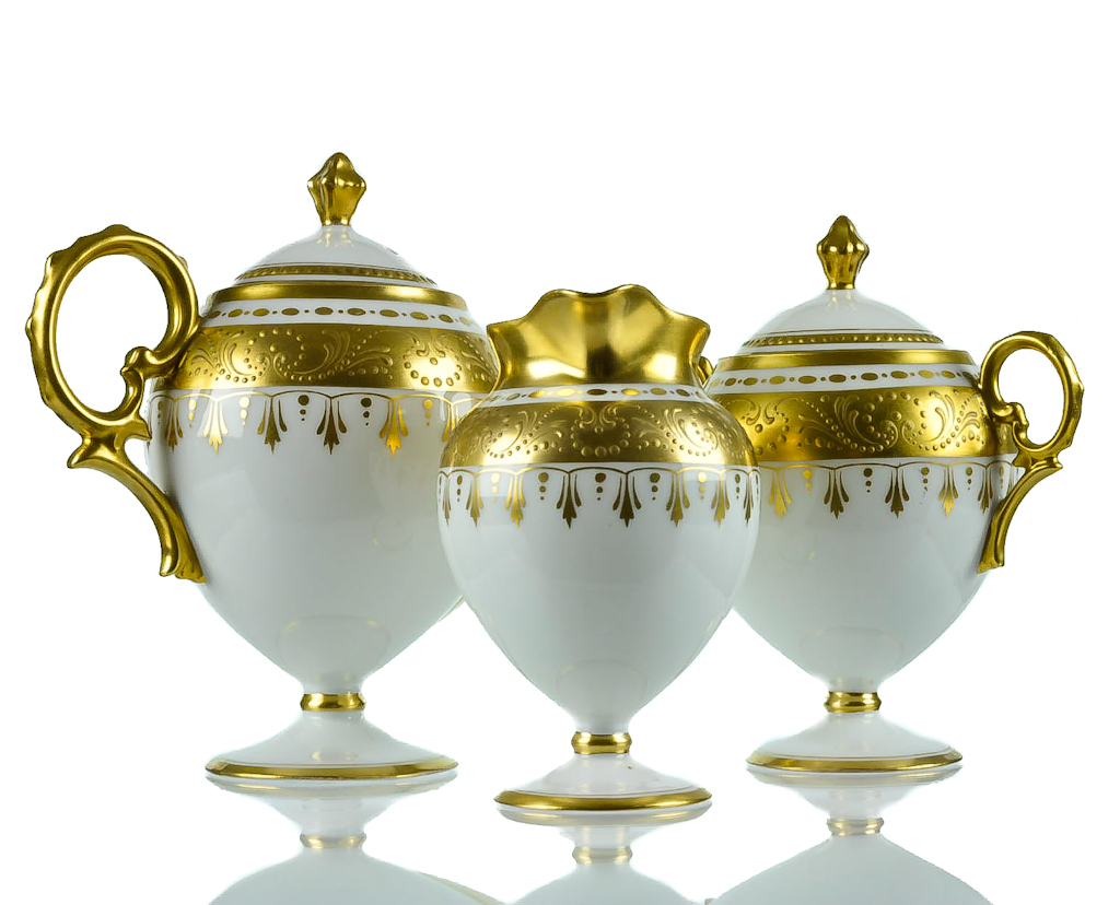 Antique Pickard Hand Painted Porcelain Tea Set with Raised Gold Gilding in Pristine Condition Antique Pickard Hand Painted Porcelain Tea Set with Raised Gold Gilding in Pristine Condition
