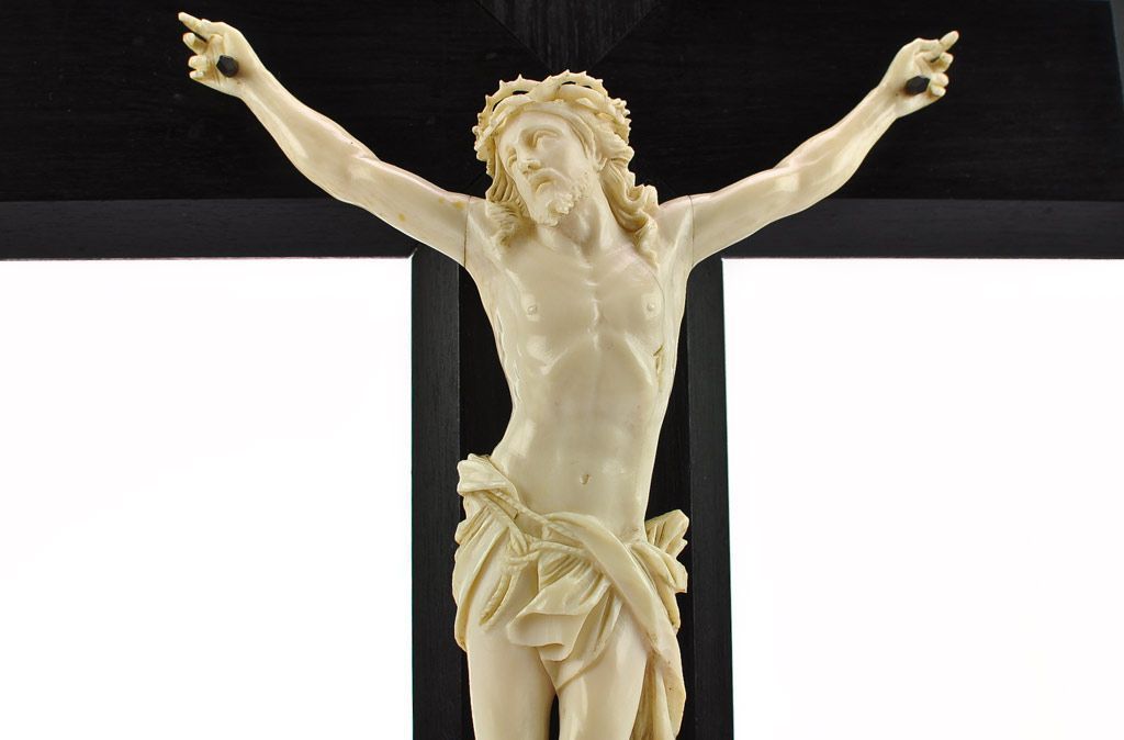 Antique Ivory Christ Figure Hand Carved, Ebony Crucifix, Dieppe France