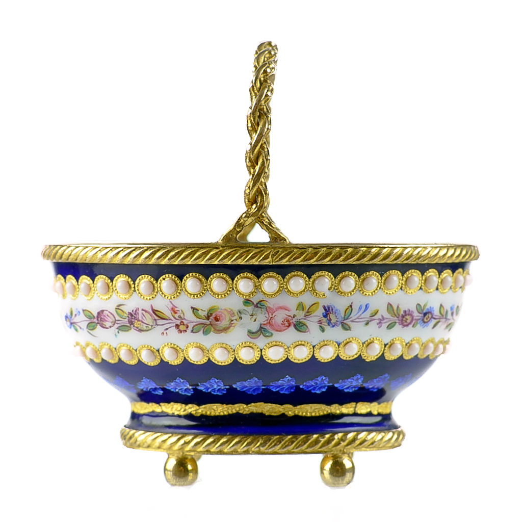 Antique French Enamel Miniature Basket with Jeweled Beading & Gilt Bronze Mounts Antique French Enamel Miniature Basket with Jeweled Beading & Gilt Bronze Mounts