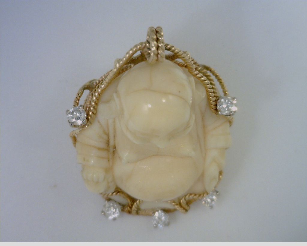Art Deco Pre-ban Ivory Buddha & Diamonds 14kt Gold Pendant Art Deco Pre-ban Ivory Buddha & Diamonds 14kt Gold Pendant