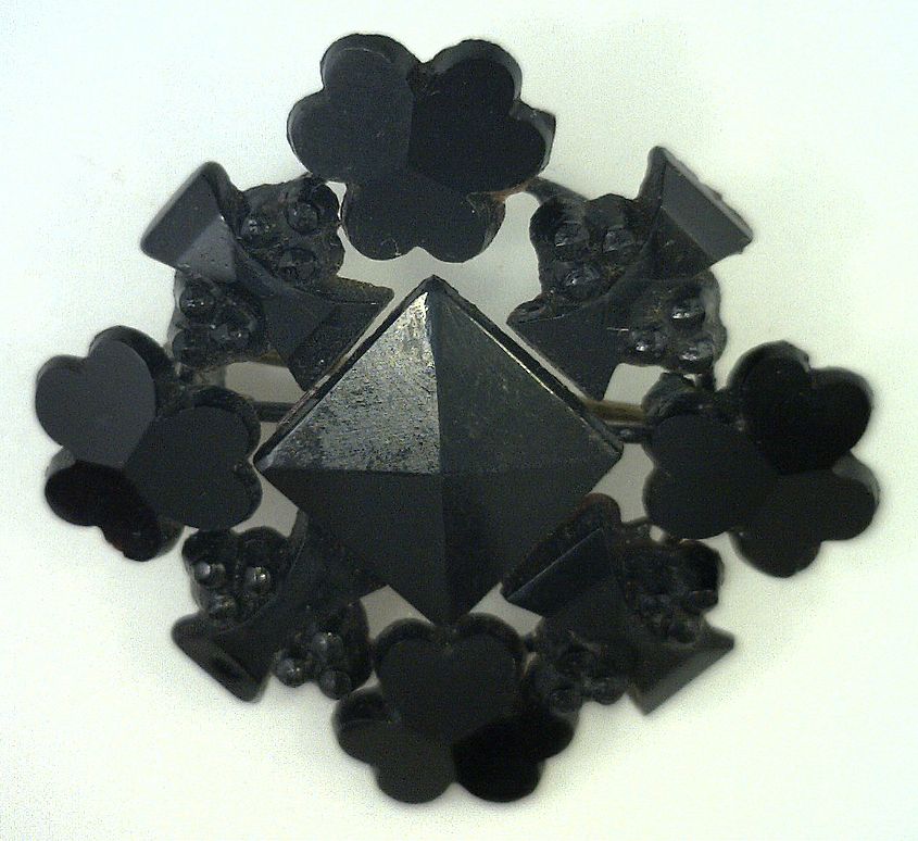 French Jet pin, black opaque glass Brooch, Mid 19th Century, Queen Victoria French Jet pin, black opaque glass Brooch, Mid 19th Century, Queen Victoria