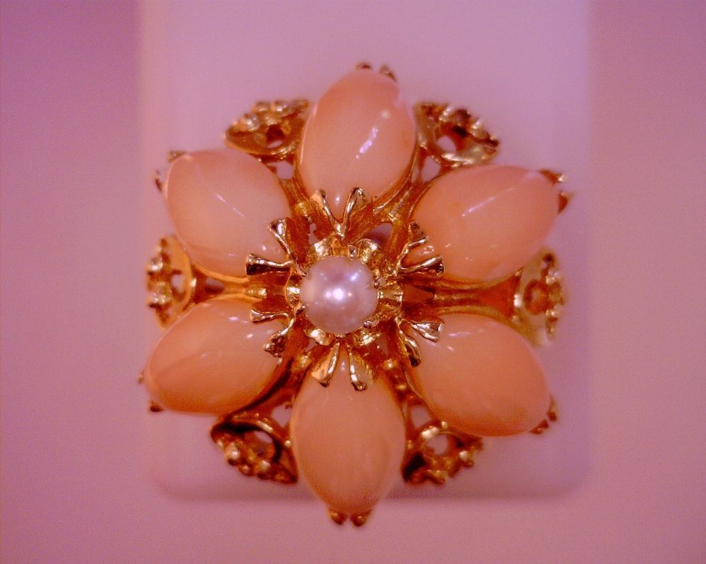 Angle Skin Coral Marquise Cut & Cultured Saltwater Pearl 14kt Gold Ring Angle Skin Coral Marquise Cut & Cultured Saltwater Pearl 14kt Gold Ring