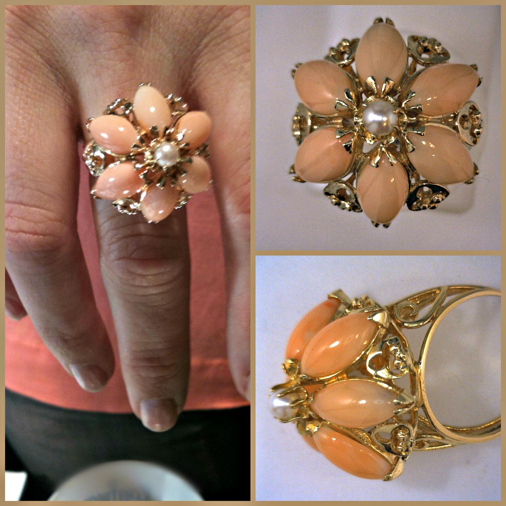 Angle Skin Coral Marquise Cut & Cultured Saltwater Pearl 14kt Gold Ring Angle Skin Coral Marquise Cut & Cultured Saltwater Pearl 14kt Gold Ring
