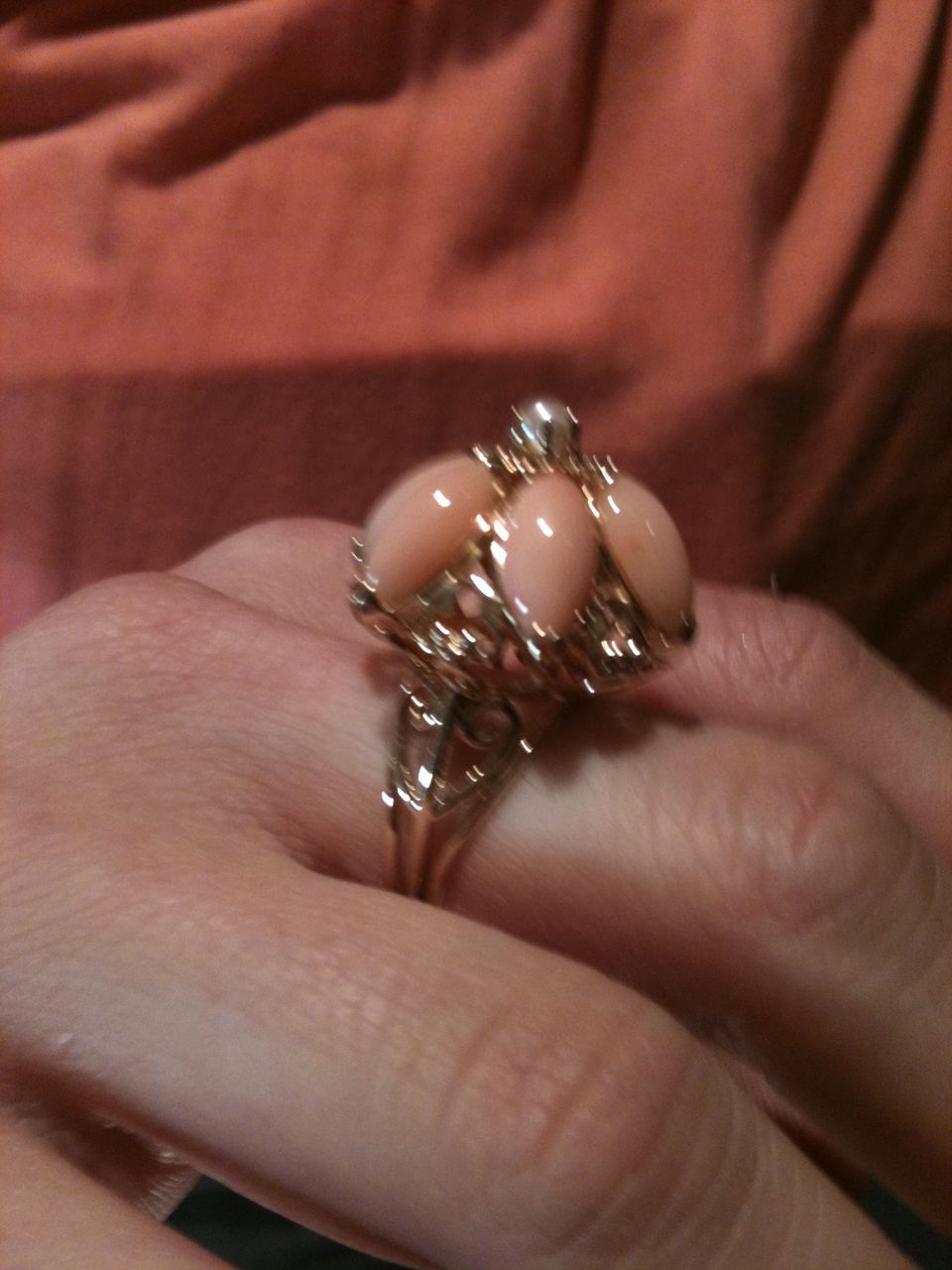 Angle Skin Coral Marquise Cut & Cultured Saltwater Pearl 14kt Gold Ring Angle Skin Coral Marquise Cut & Cultured Saltwater Pearl 14kt Gold Ring