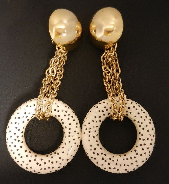 Vintage Runway Style Black & Cream Polka Dot Pendant Earrings, circa 1980s Vintage Runway Style Black & Cream Polka Dot Pendant Earrings, circa 1980s
