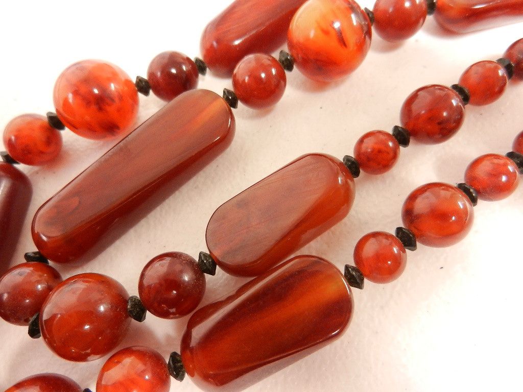 Old Carnelian-Red Color Bakelite Bead Necklace, circa 1930s Old Carnelian-Red Color Bakelite Bead Necklace, circa 1930s