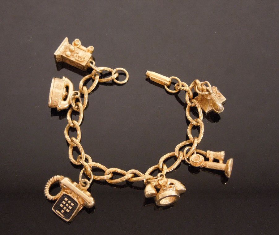 Vintage Golden Telephones Through the Years Telephone Charm Bracelet Vintage Golden Telephones Through the Years Telephone Charm Bracelet