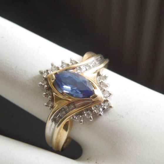 10K Gold Diamond & Tanzanite Marquise Estate Ring, size 7 1/4 10K Gold Diamond & Tanzanite Marquise Estate Ring, size 7 1/4