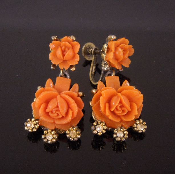Vintage Celluloid Coral-Color Rose Pendant Earrings Vintage Celluloid Coral-Color Rose Pendant Earrings