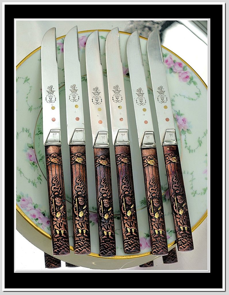 MARMUSE: Antique French Silver & Kozuka Knife Set for 6 Royal Provenance MARMUSE: Antique French Silver & Kozuka Knife Set for 6 Royal Provenance