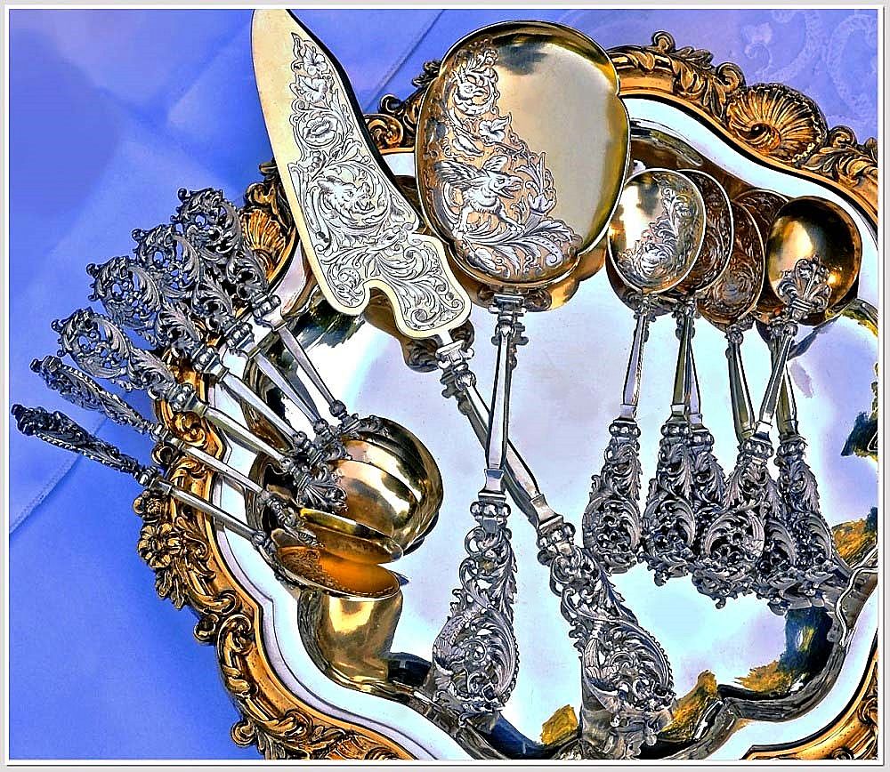 COMPERE: 1888 Antique French Sterling & Vermeil Ice Cream Service COMPERE: 1888 Antique French Sterling & Vermeil Ice Cream Service