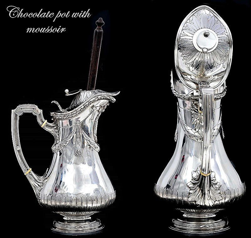 DEBAIN : Unique Antique French Sterling Silver Chocolate Pot Louis XVI Style, Moussoir DEBAIN : Unique Antique French Sterling Silver Chocolate Pot Louis XVI Style, Moussoir