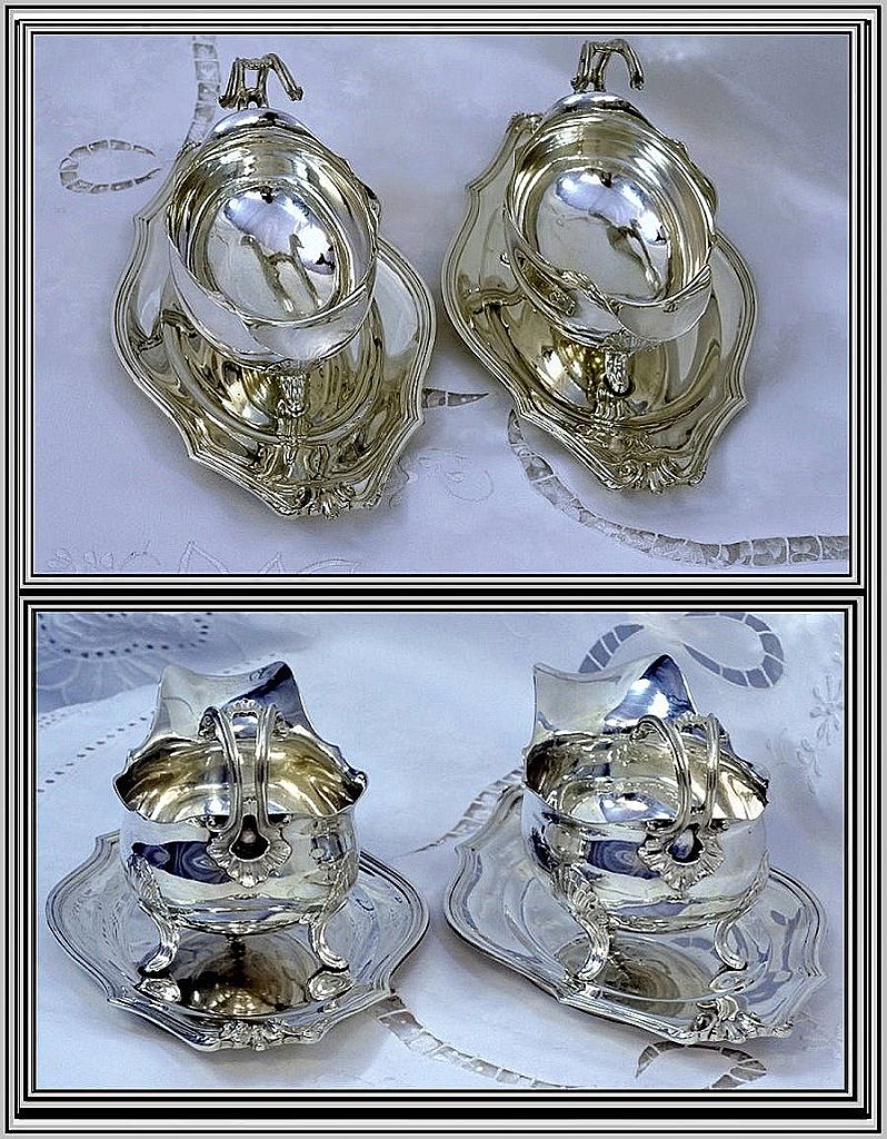 Flamant and Champenois: Two French Sterling Silver Sauce Boats Trays Flamant and Champenois: Two French Sterling Silver Sauce Boats Trays