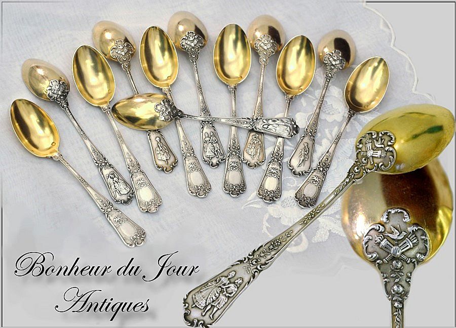 PUIFORCAT : Unique Antique French Sterling & Vermeil 12pc Dessert Spoon Set - Courtship Themes PUIFORCAT : Unique Antique French Sterling & Vermeil 12pc Dessert Spoon Set - Courtship Themes