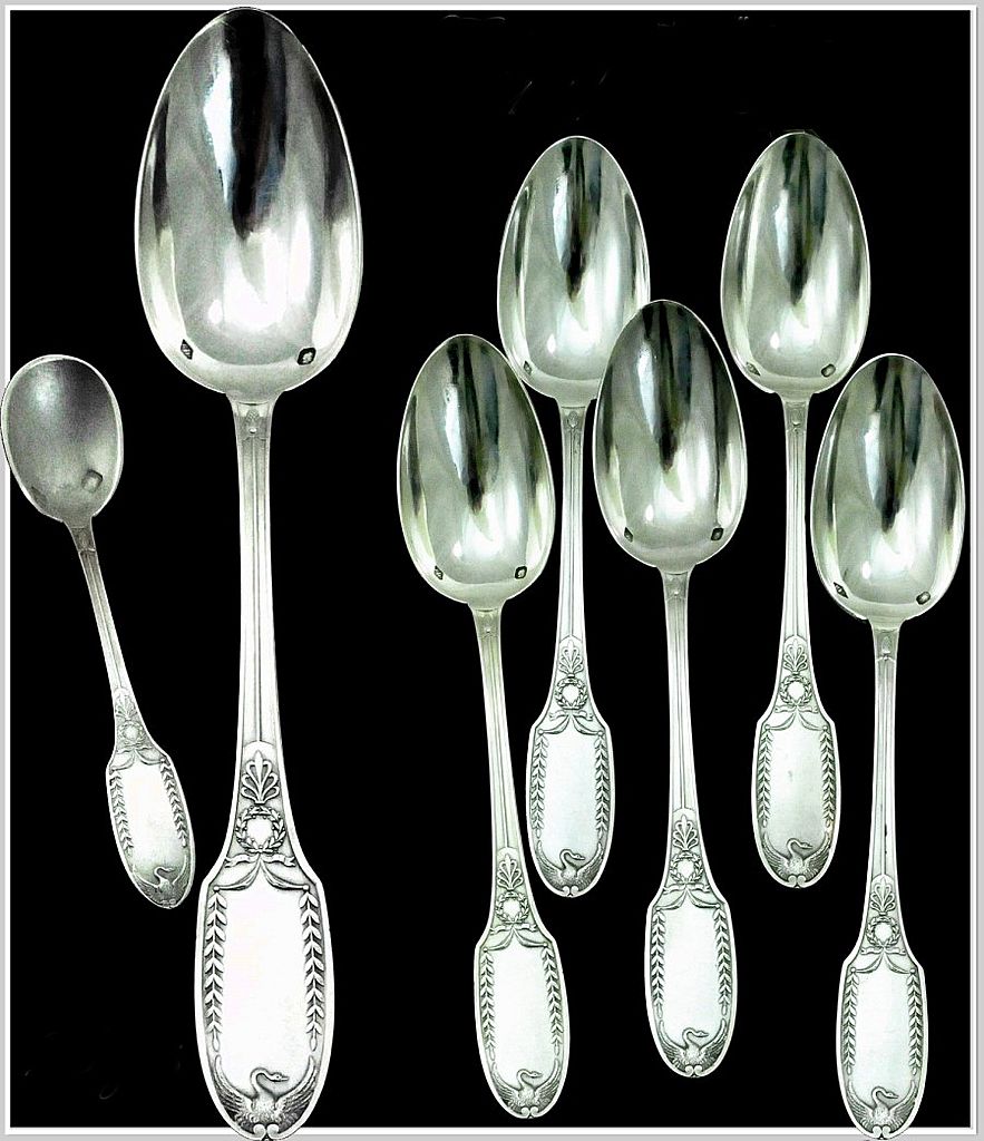 Emile Puiforcat: Antique French Sterling Flatware Set 8 PC Place Setting for 12! Swans Emile Puiforcat: Antique French Sterling Flatware Set 8 PC Place Setting for 12! Swans
