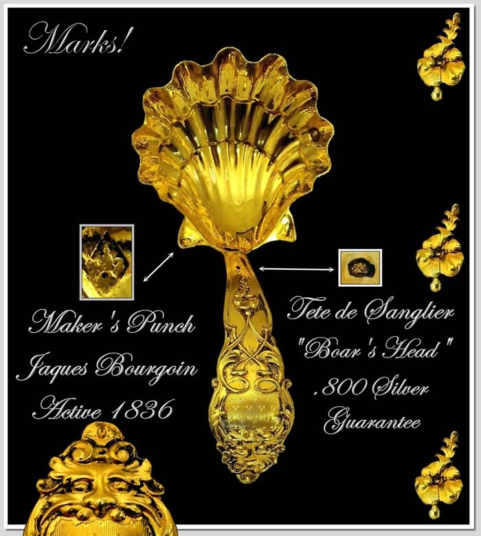 Bourgoin: Antique Silver vermeil Tea Caddy Spoon Mascaron! Bourgoin: Antique Silver vermeil Tea Caddy Spoon Mascaron!