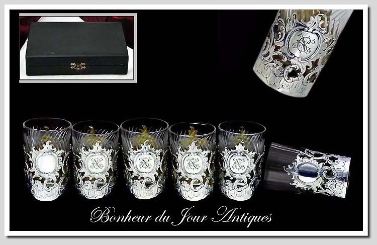 Antique Austrian Silver, Vermeil & Crystal Shot Set, Original Box Antique Austrian Silver, Vermeil & Crystal Shot Set, Original Box