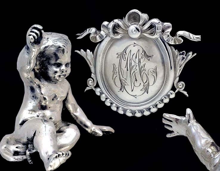 Flamand & Fils: Fine Antique Sterling Silver Sugar Bowl Lid w Baby Top Knop Flamand & Fils: Fine Antique Sterling Silver Sugar Bowl Lid w Baby Top Knop