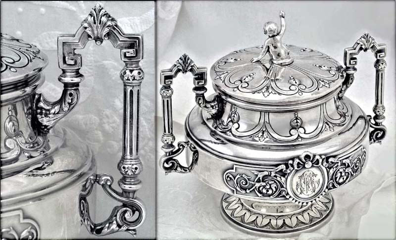 Flamand & Fils: Fine Antique Sterling Silver Sugar Bowl Lid w Baby Top Knop Flamand & Fils: Fine Antique Sterling Silver Sugar Bowl Lid w Baby Top Knop