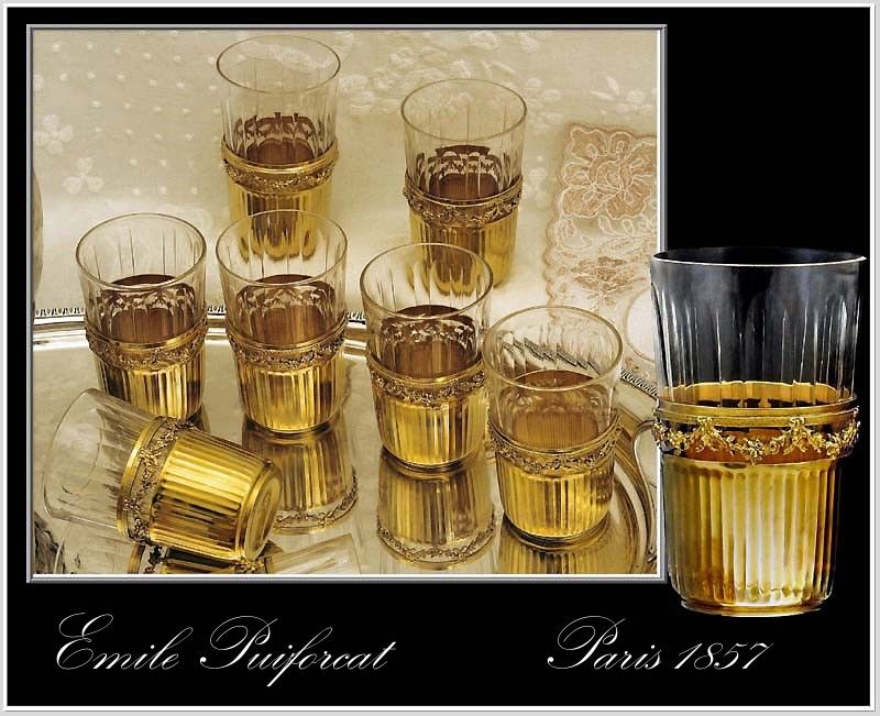 Emile Puiforcat: Antique French Sterling Silver vermeil & Crystal Shot Glass Set of 10 Emile Puiforcat: Antique French Sterling Silver vermeil & Crystal Shot Glass Set of 10