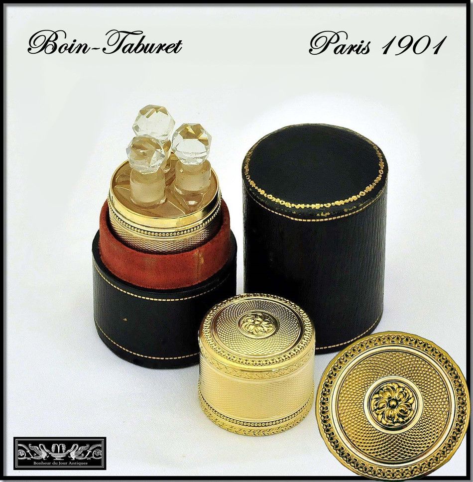 Boin-Taburet: Antique French Sterling Silver Vermeil Perfume Caddy w Case Boin-Taburet: Antique French Sterling Silver Vermeil Perfume Caddy w Case