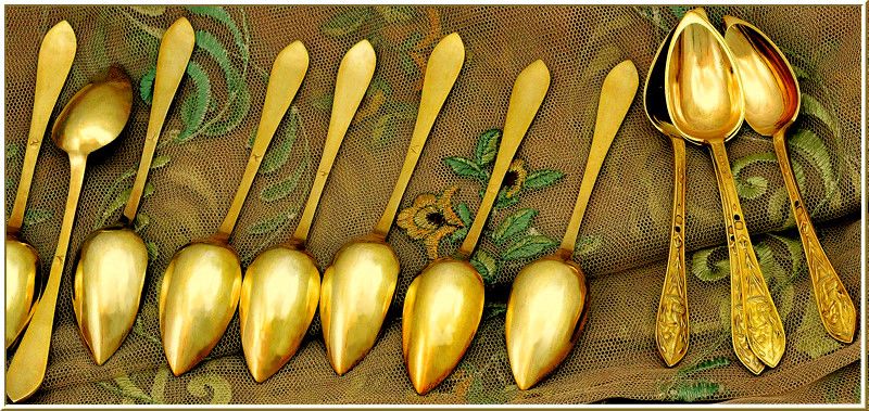 BELLAVOINE: 12 Antique French Vermeil Sterling Spoons Renaissance Style 1819-1838 BELLAVOINE: 12 Antique French Vermeil Sterling Spoons Renaissance Style 1819-1838