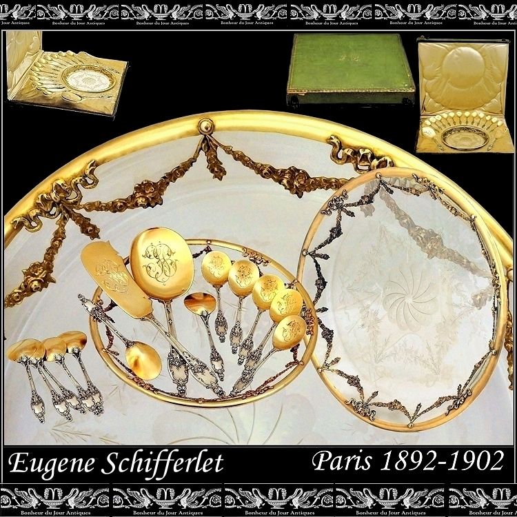 SCHIFFERLET: Sterling vermeil Dessert Set w Amazing Dish and Original Box! SCHIFFERLET: Sterling vermeil Dessert Set w Amazing Dish and Original Box!