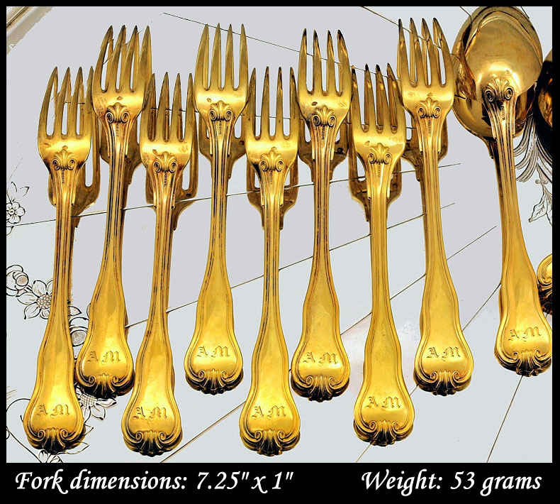 Odiot: Classic Elegant Antique French Sterling Vermeil Dessert Flatware Service for 8: 33Pc Odiot: Classic Elegant Antique French Sterling Vermeil Dessert Flatware Service for 8: 33Pc