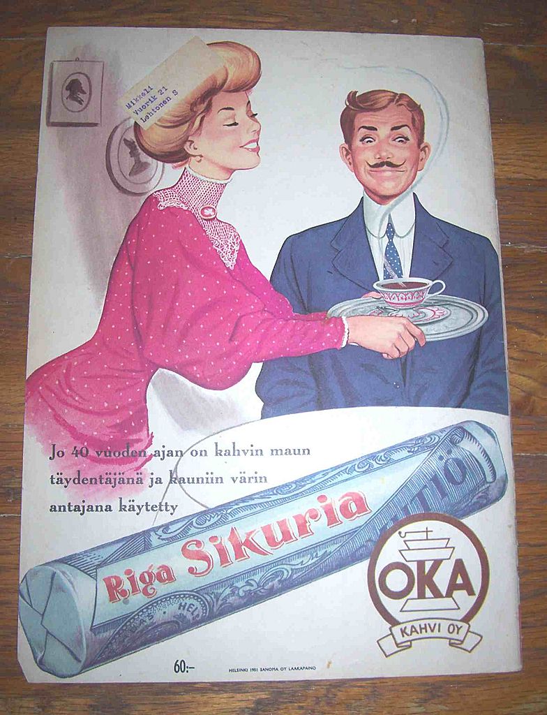 1951 Finland Riga Sikuria Oka Kahvi Oy & Miehekkaan Lotion Vintage Advertisement 1951 Finland Riga Sikuria Oka Kahvi Oy & Miehekkaan Lotion Vintage Advertisement