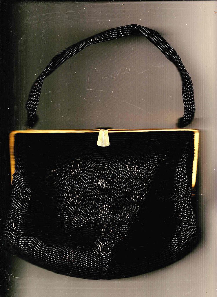 Nice Black Vintage Beaded Basic Black Evening Purse with Pattern & Strap Made In Japan Nice Black Vintage Beaded Basic Black Evening Purse with Pattern & Strap Made In Japan