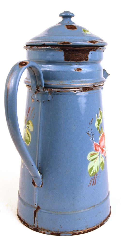 Antique French Enamelware Biggins Coffeepot with Roses and Sailboat Scene Antique French Enamelware Biggins Coffeepot with Roses and Sailboat Scene