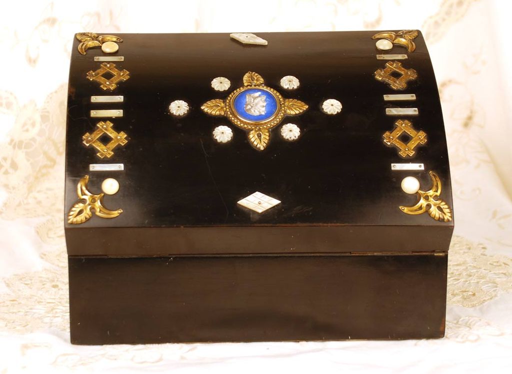 Antique French Black Lacquer Wooden Box w/Porcelain Medallion and Bronze Ormolu Antique French Black Lacquer Wooden Box w/Porcelain Medallion and Bronze Ormolu