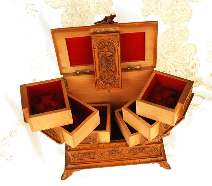 Antique Carved Jewelry Cabinet w/Carved Animal Vignette Antique Carved Jewelry Cabinet w/Carved Animal Vignette