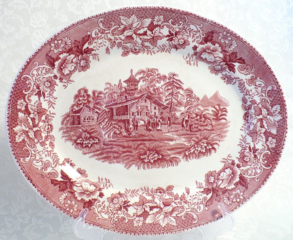 Red & White English Transferware Avon Cottage Oval Large Platter Red & White English Transferware Avon Cottage Oval Large Platter