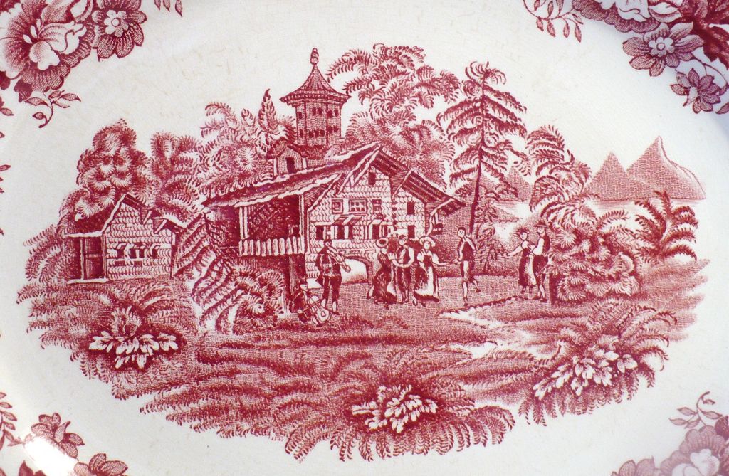 Red & White English Transferware Avon Cottage Oval Large Platter Red & White English Transferware Avon Cottage Oval Large Platter