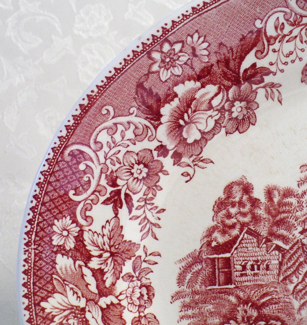 Red & White English Transferware Avon Cottage Oval Large Platter Red & White English Transferware Avon Cottage Oval Large Platter
