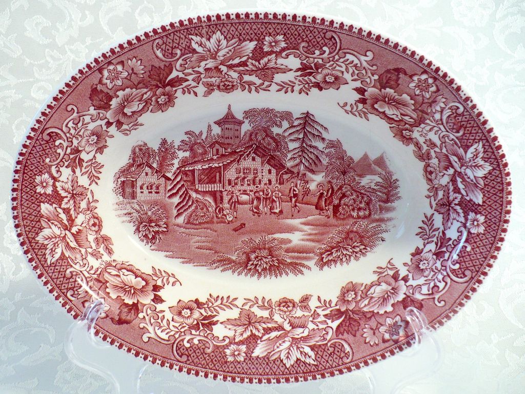 Avon Cottage Red & White Transferware Oval Open Vegetable Bowl Avon Cottage Red & White Transferware Oval Open Vegetable Bowl