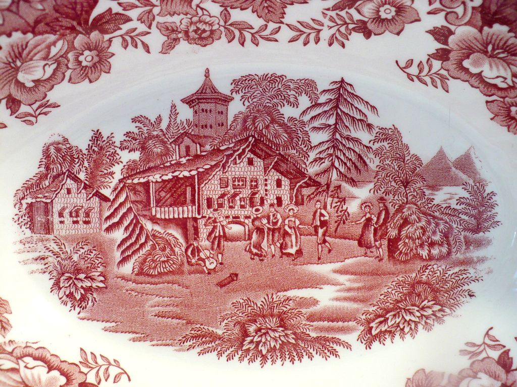Avon Cottage Red & White Transferware Oval Open Vegetable Bowl Avon Cottage Red & White Transferware Oval Open Vegetable Bowl