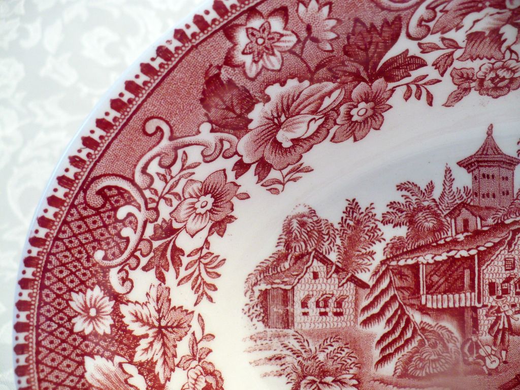 Avon Cottage Red & White Transferware Oval Open Vegetable Bowl Avon Cottage Red & White Transferware Oval Open Vegetable Bowl
